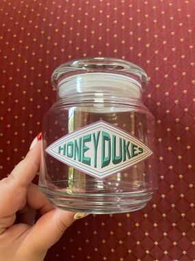 Honeydukes Branded Clear Glass Jar with Pink and Teal Logo